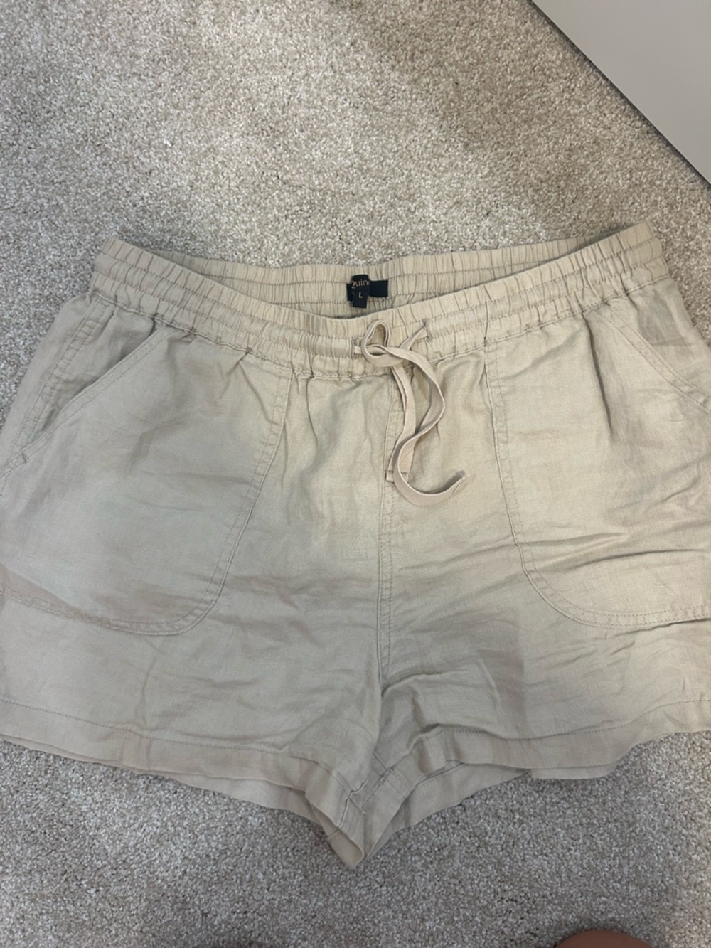 Quince Large Linen Drawstring Shorts - Beige worn one time